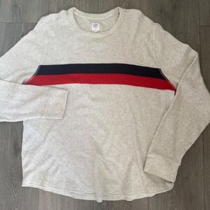 GAP Men's XL Waffle Knit Long Sleeve Shirt Red Blue Black Stripe Crew Neck